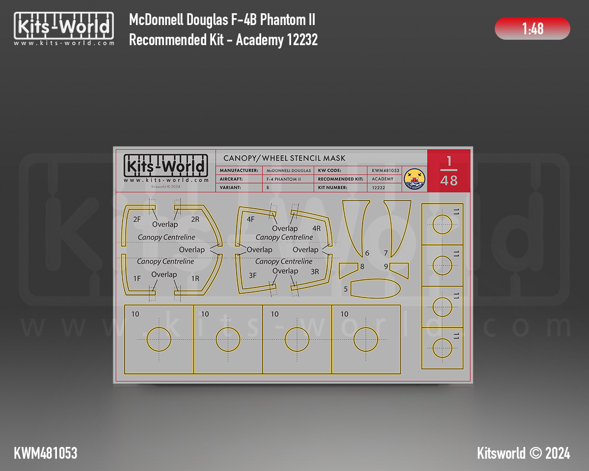 Kitsworld Kitsworld 1:48 Paint Mask McDonnell Douglas F4-B Phantom II Canopy/Wheel Mask 1:48 scale McDonnell Douglas F4-B Phantom II (Recommended Kit: Academy 12232) 